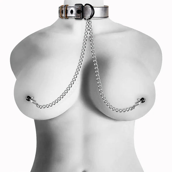 Lovetoy Collar With Nipple Clamp Metallic Silver - Senxual Fantasy